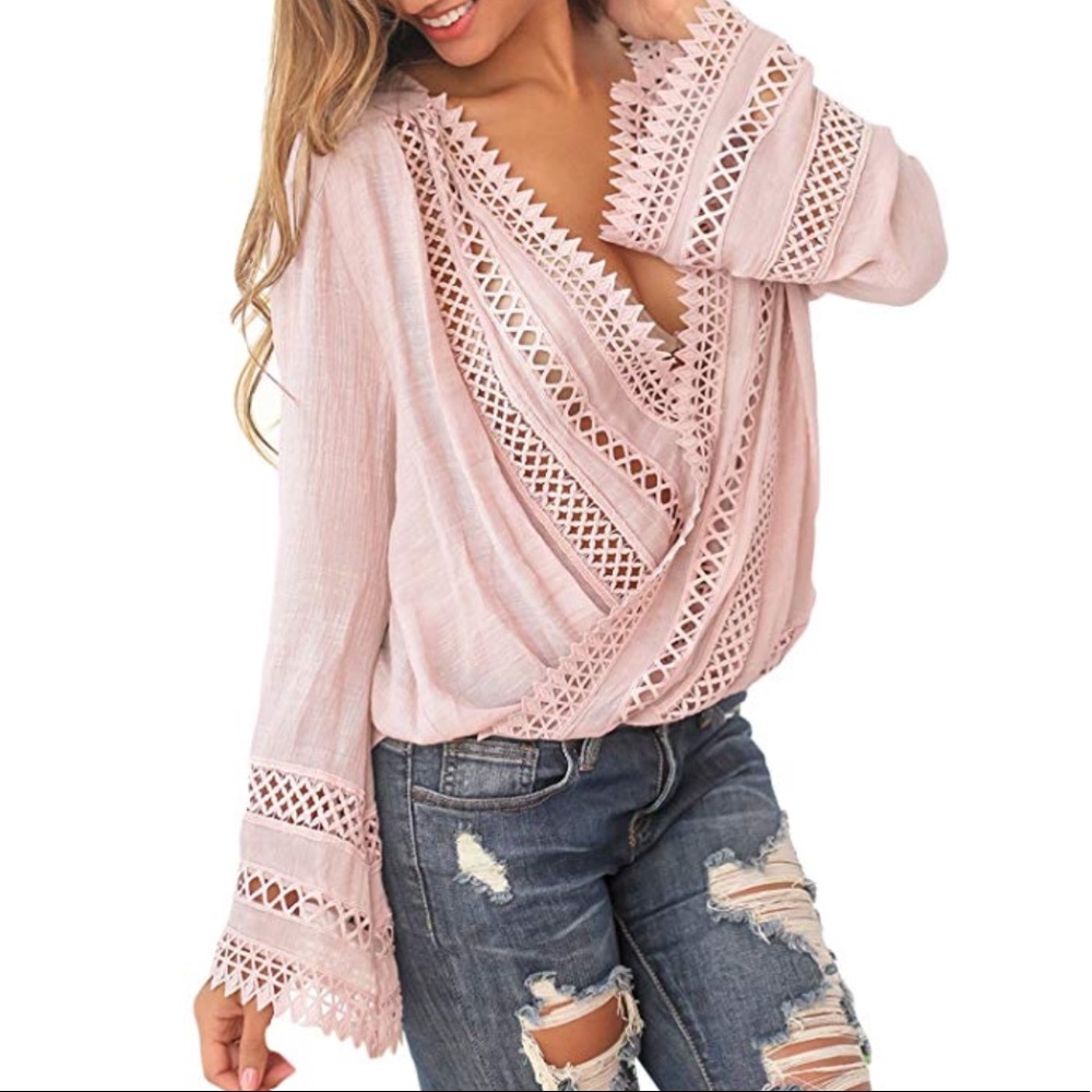 NWT Pink with crochet detail long sleeve boho top